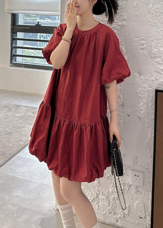 Wine Red Back Button Solid Linen Dresses O Neck Puff Sleeve