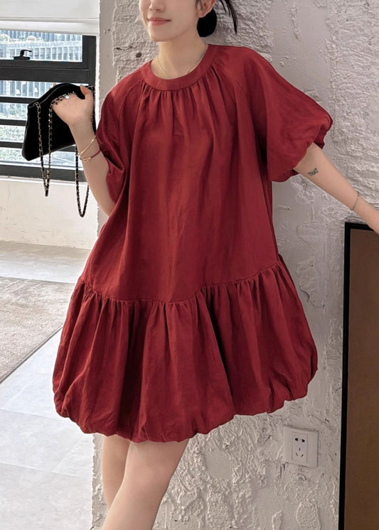 Wine Red Back Button Solid Linen Dresses O Neck Puff Sleeve