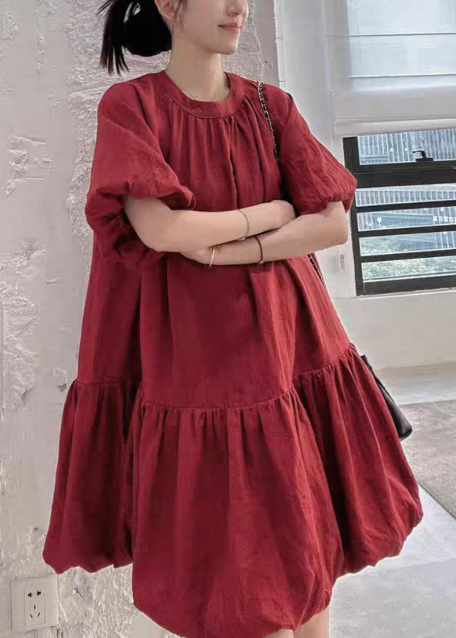 Wine Red Back Button Solid Linen Dresses O Neck Puff Sleeve