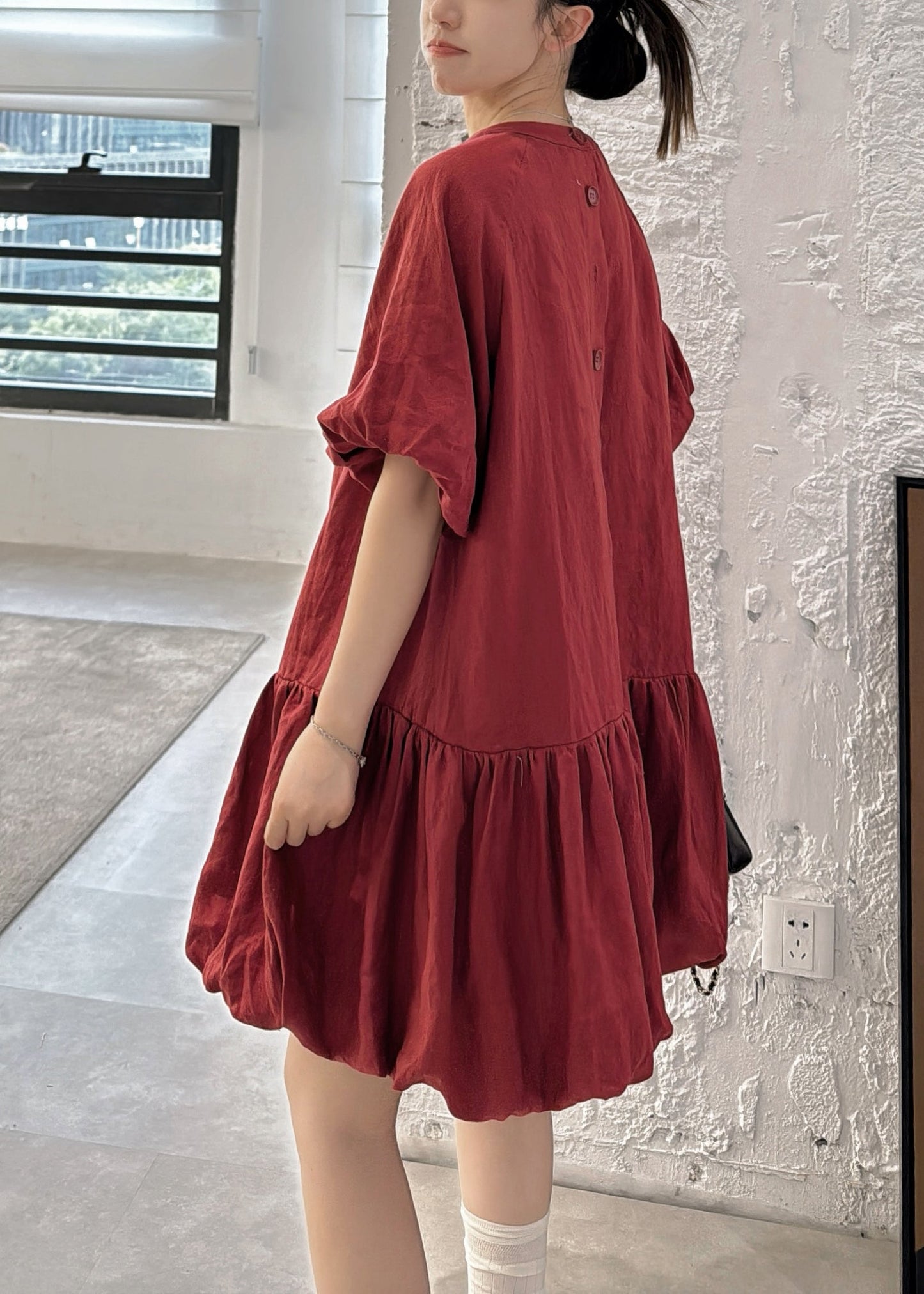 Wine Red Back Button Solid Linen Dresses O Neck Puff Sleeve