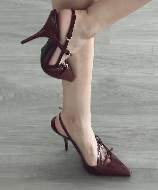 Wine Red Buckle Strap Splicing Faux Leather High Heels Pointed Toe