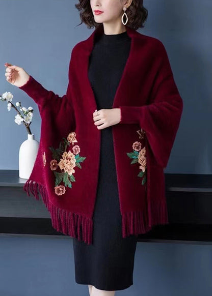Wine Red Embroideried Tasseled Patchwork Mink Velvet Cardigans V Neck Long Sleeve