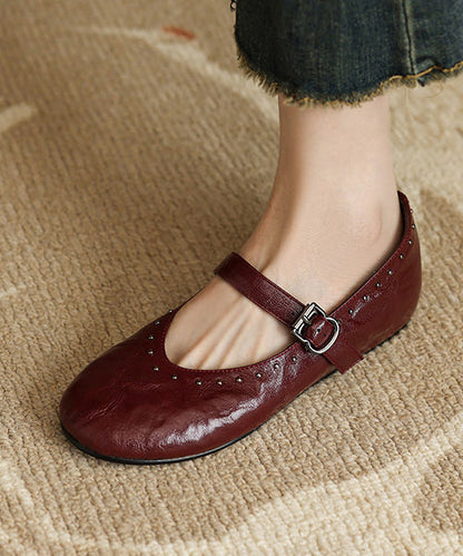 Wine Red Sheepskin Flat Feet Shoes Splicing Rivet Buckle Strap