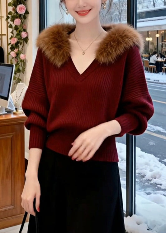 Wine Red Striped Cozy Knit Sweaters Fur Collar
