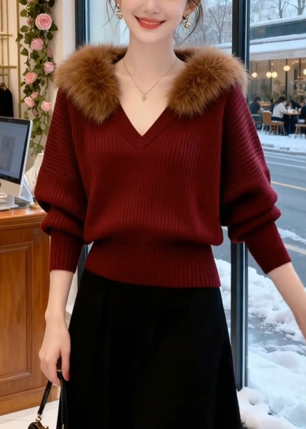 Wine Red Striped Cozy Knit Sweaters Fur Collar