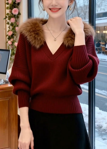 Wine Red Striped Cozy Knit Sweaters Fur Collar