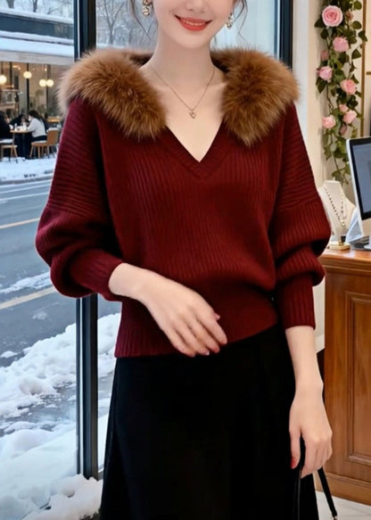 Wine Red Striped Cozy Knit Sweaters Fur Collar