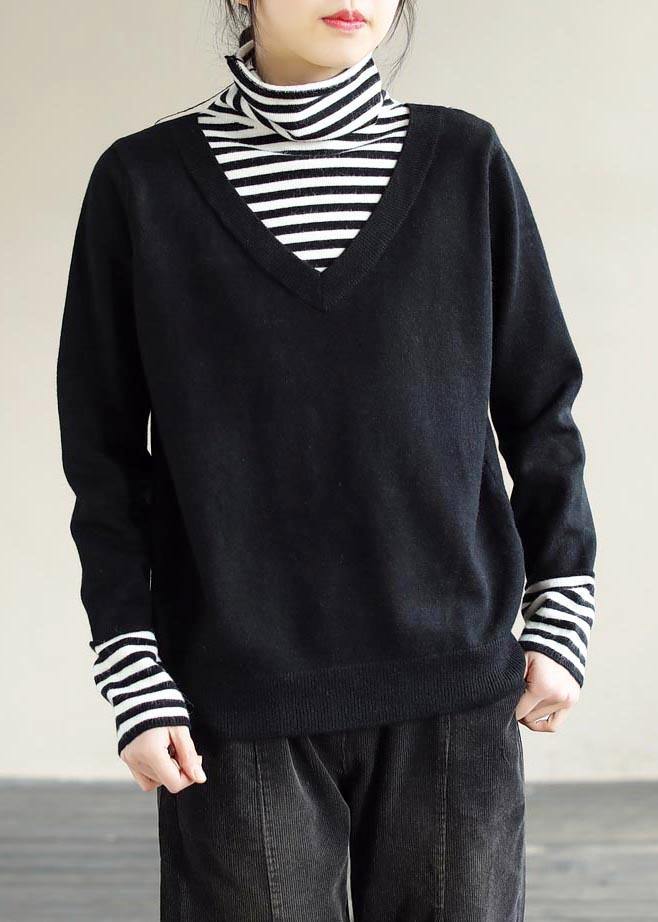 Winter Spring Black Sweaters Loose fitting Patchwork High Neck Knit Tops - SooLinen