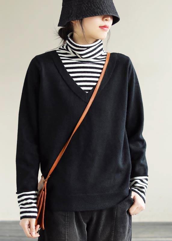 Winter Spring Black Sweaters Loose fitting Patchwork High Neck Knit Tops - SooLinen