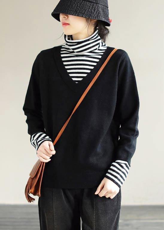 Winter Spring Black Sweaters Loose fitting Patchwork High Neck Knit Tops - SooLinen