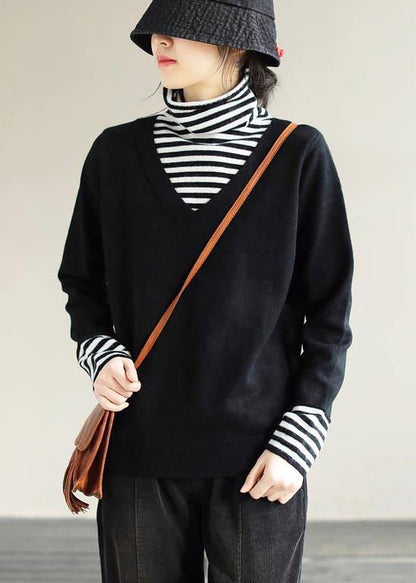 Winter Spring Black Sweaters Loose fitting Patchwork High Neck Knit Tops - SooLinen