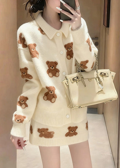Winter White Cartoon Jacquard Knitted Sweater And Skirt Set