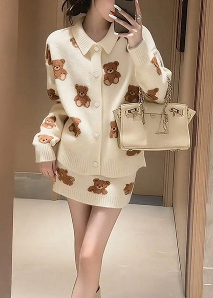 Winter White Cartoon Jacquard Knitted Sweater And Skirt Set