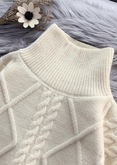 Winter beige crane tops high neck thick oversize knit sweat tops - SooLinen