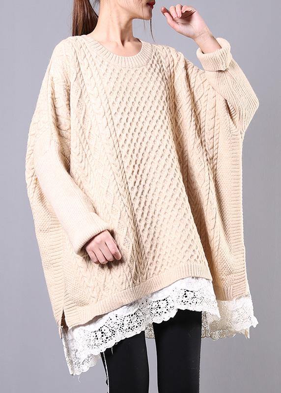 Winter beige knit top silhouette o neck Batwing Sleeve plus size clothing knitwear - SooLinen