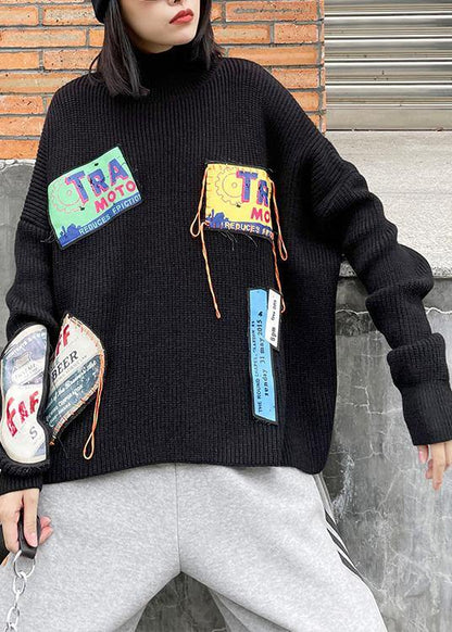 Winter black clothes high neck patchwork sweaters - SooLinen