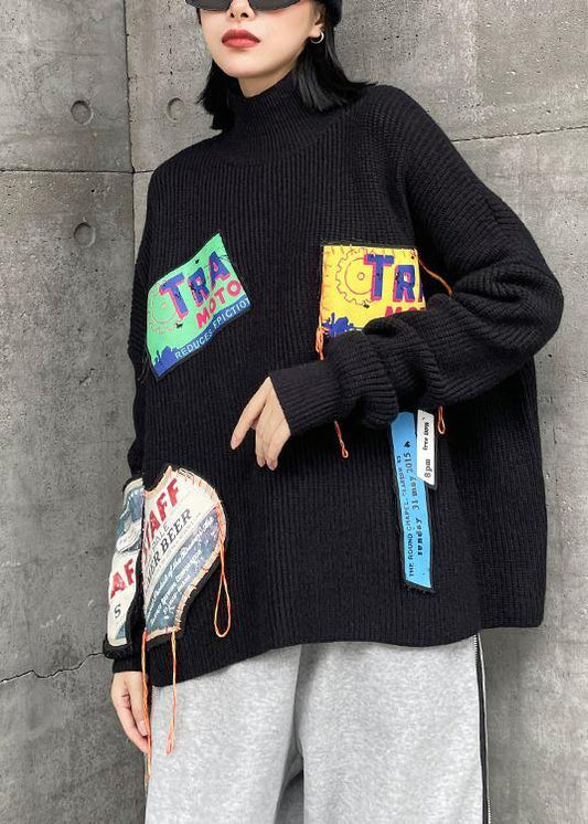 Winter black clothes high neck patchwork sweaters - SooLinen
