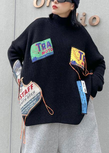 Winter black clothes high neck patchwork sweaters - SooLinen