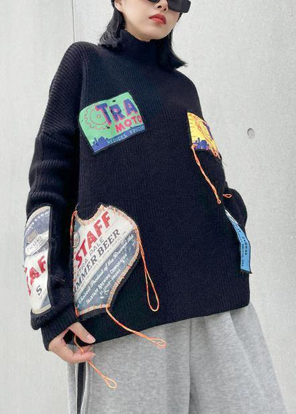 Winter black clothes high neck patchwork sweaters - SooLinen