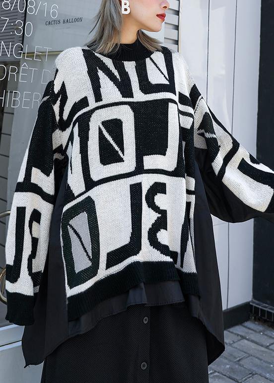 Winter black knitted t shirt casual o neck patchwork knit sweat tops - SooLinen