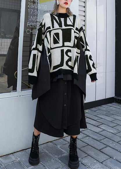 Winter black knitted t shirt casual o neck patchwork knit sweat tops - SooLinen