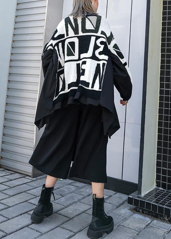 Winter black knitted t shirt casual o neck patchwork knit sweat tops - SooLinen