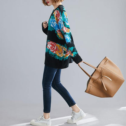 Winter black print knitted t shirt o neck plus size knit sweat tops - SooLinen