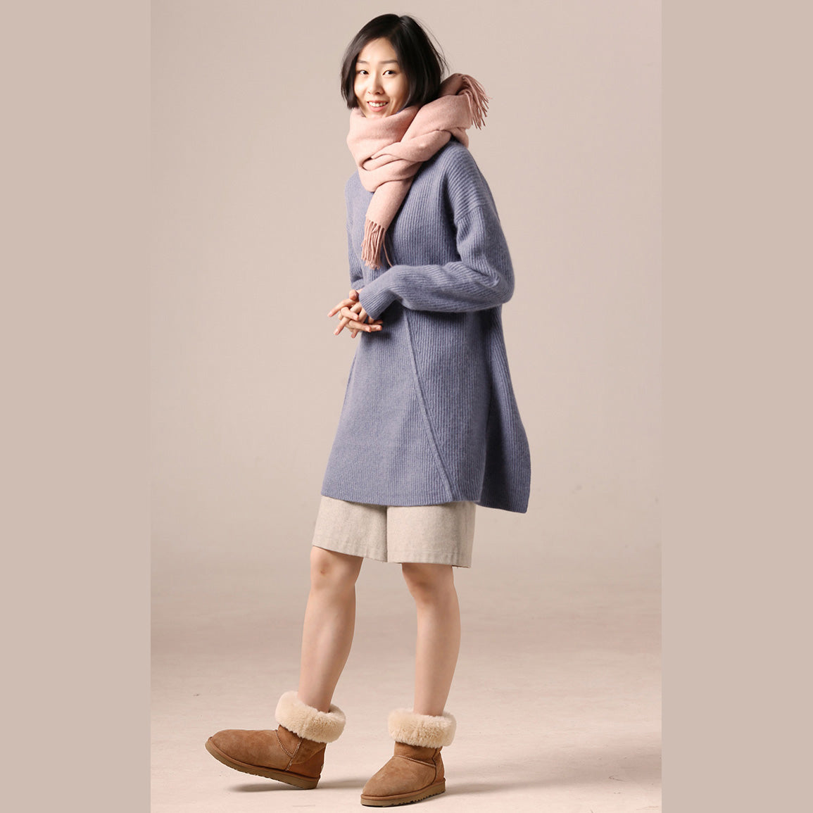 Winter blue knitted outwear Loose fitting high neck A line knitwear
