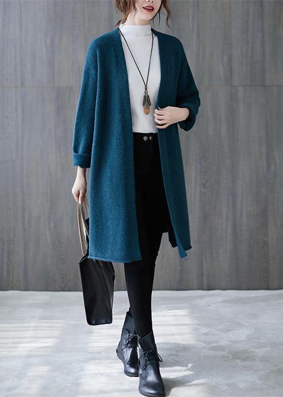 Winter blue knitted outwear plus size clothing fall v neck knitted coat - SooLinen