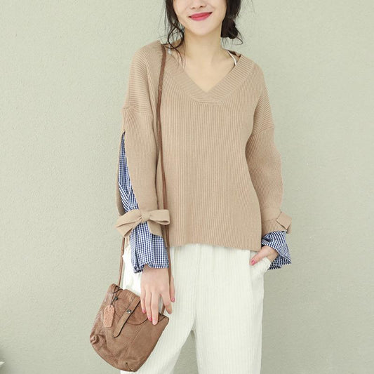 Winter brown knit tops plus size v neck knit sweat tops false two pieces