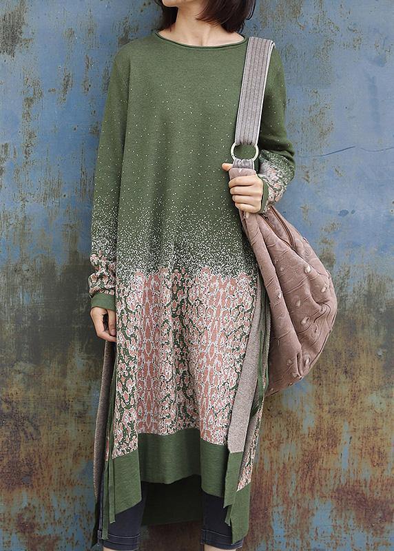 Winter green Sweater dresses Vintage side open Largo o neck sweater dress - SooLinen