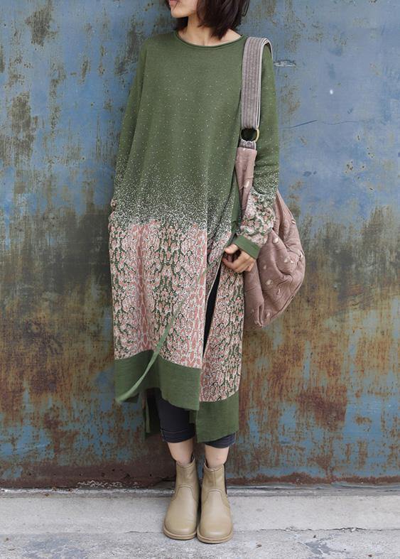 Winter green Sweater dresses Vintage side open Largo o neck sweater dress - SooLinen