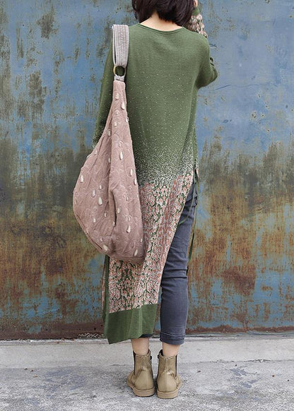 Winter green Sweater dresses Vintage side open Largo o neck sweater dress - SooLinen