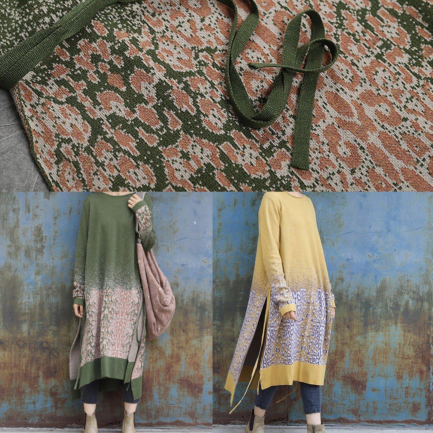 Winter green Sweater dresses Vintage side open Largo o neck sweater dress - SooLinen