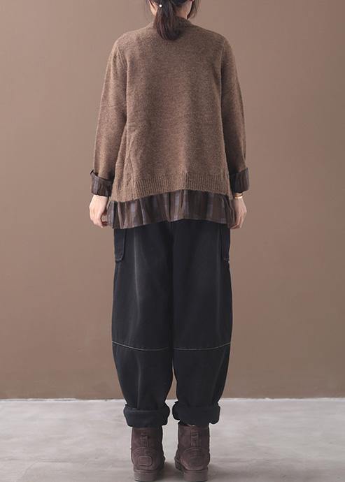 Winter o neck chocolate knitwear trendy plus size false two pieces knitted t shirt - SooLinen