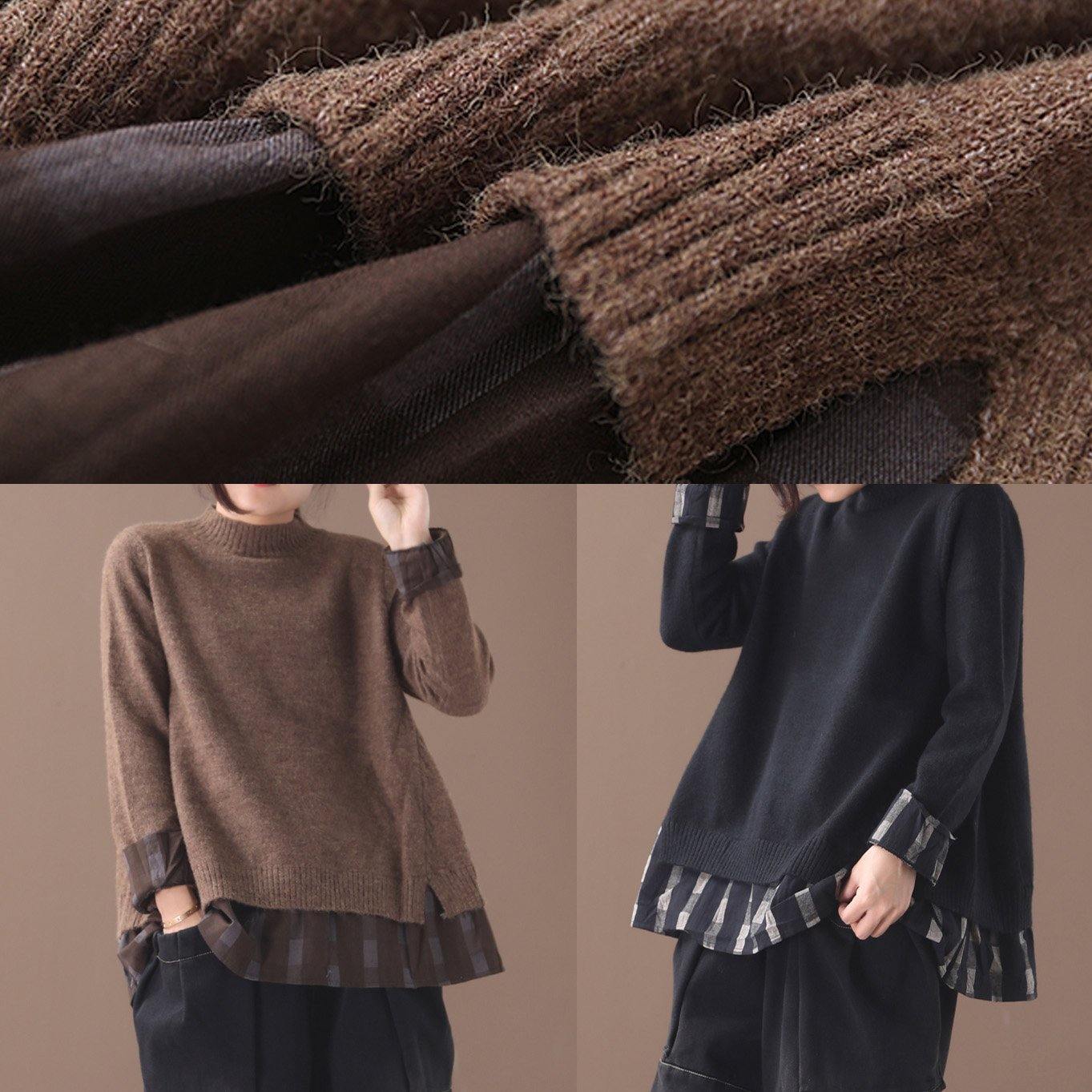 Winter o neck chocolate knitwear trendy plus size false two pieces knitted t shirt - SooLinen