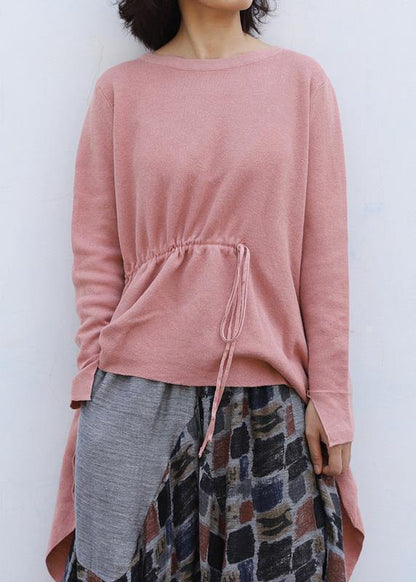 Winter o neck pink knitted blouse plus size clothing drawstring asymmetric top - SooLinen