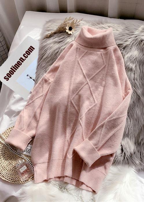 Winter pink Sweater dress outfit Design high neck long sleeve Fuzzy knit dress - SooLinen