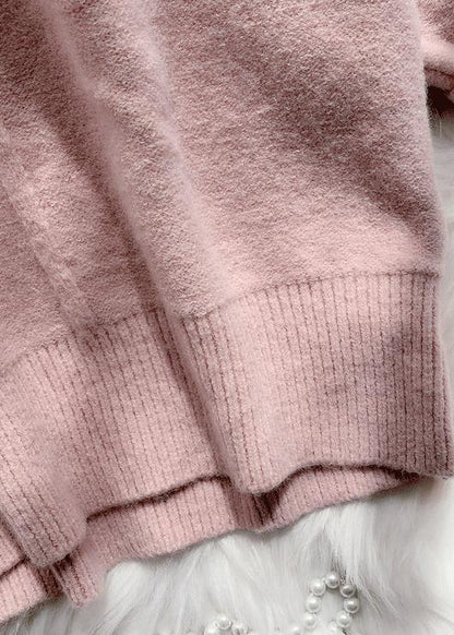 Winter pink Sweater dress outfit Design high neck long sleeve Fuzzy knit dress - SooLinen