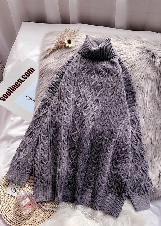 Winter rose knit tops casual high neck thick knit blouse - SooLinen