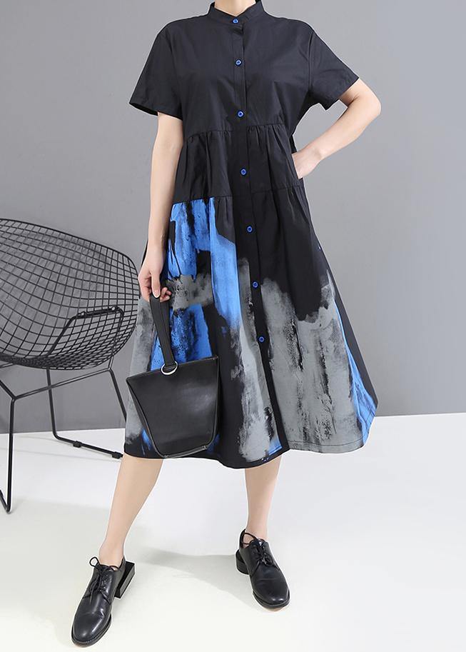 Woman Summer Black Vintage Shirt Lady Casual Midi Dress - SooLinen