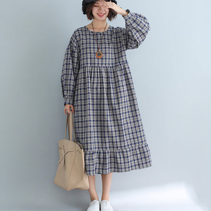 Women Apparel Casual Loose Plaid Dress Fashion Cotton Linen Dresses