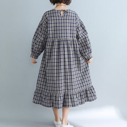 Women Apparel Casual Loose Plaid Dress Fashion Cotton Linen Dresses