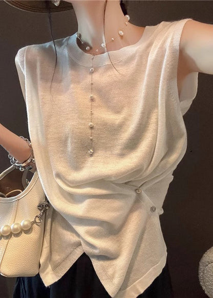 Women Apricot Asymmetrical Button Side Open Knit Tanks Sleeveless