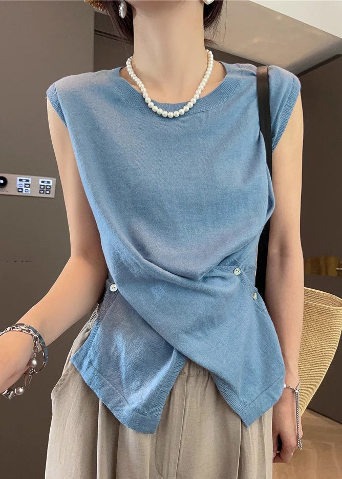 Women Apricot Asymmetrical Button Side Open Knit Tanks Sleeveless