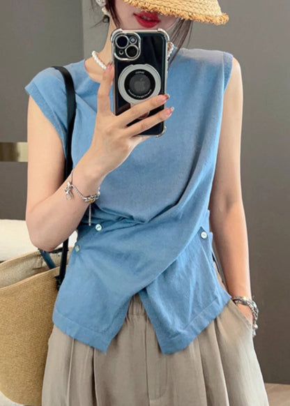 Women Apricot Asymmetrical Button Side Open Knit Tanks Sleeveless