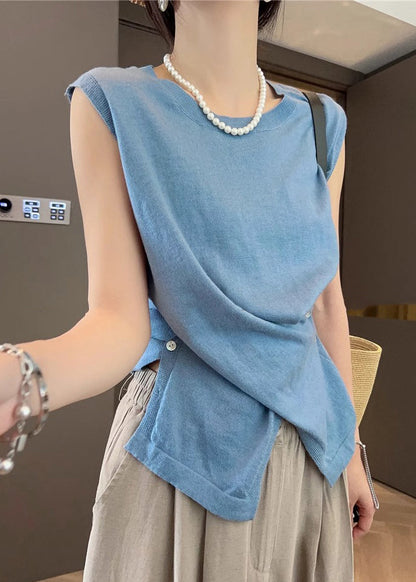 Women Apricot Asymmetrical Button Side Open Knit Tanks Sleeveless