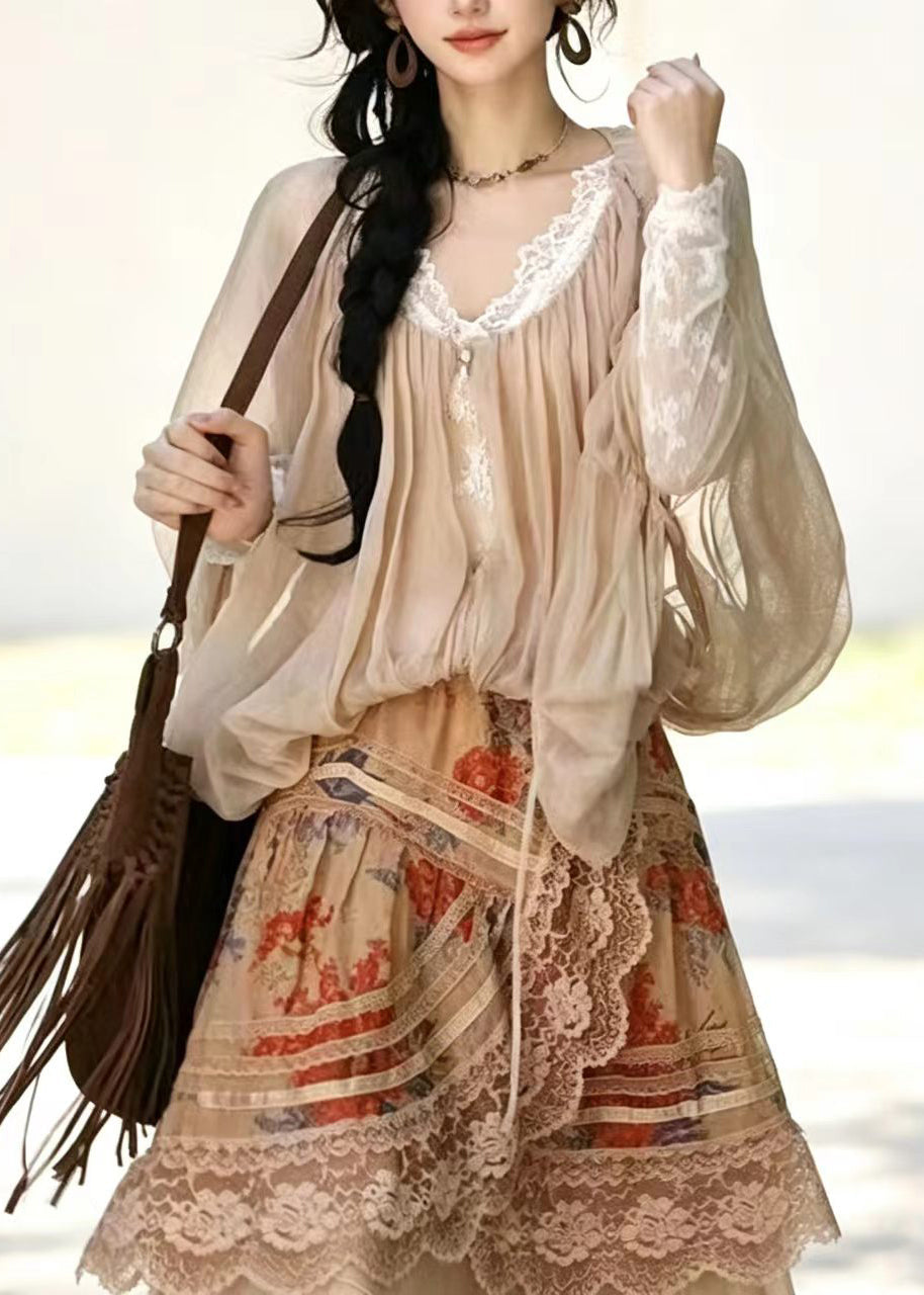 Women Apricot Drawstring Wrinkled Shirt Top Batwing Sleeve