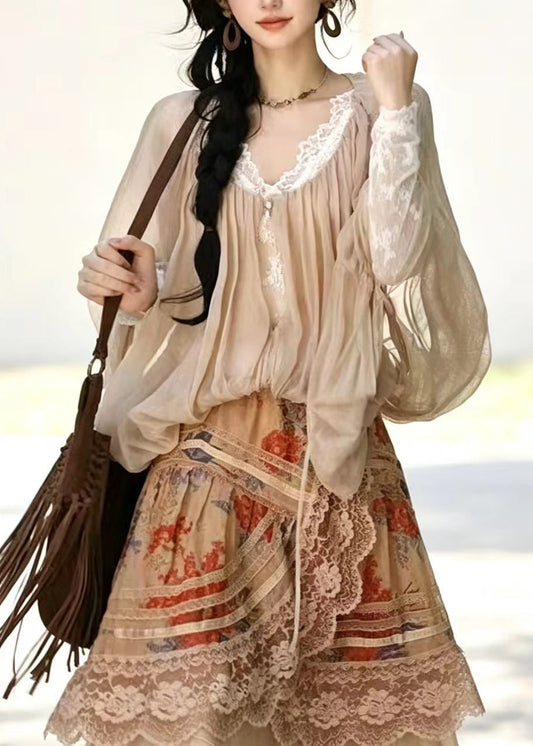 Women Apricot Drawstring Wrinkled Shirt Top Batwing Sleeve