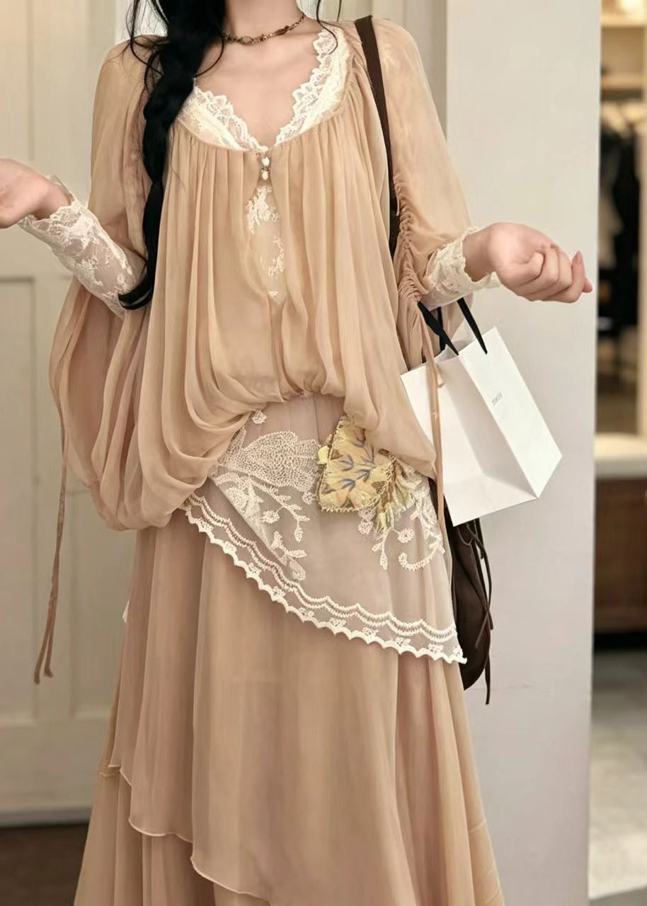 Women Apricot Drawstring Wrinkled Shirt Top Batwing Sleeve